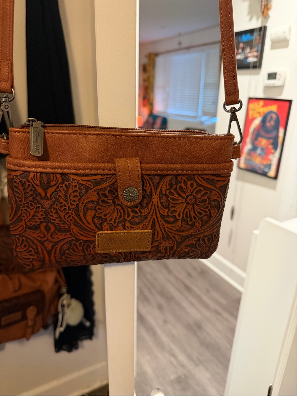 Wrangler Tooled Floral Leather Wristlet in Rich Brown